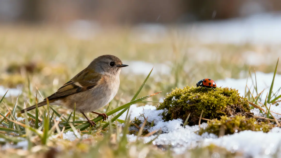 Gros plan mousse et herbe sur pelouse, biodiversité hiver