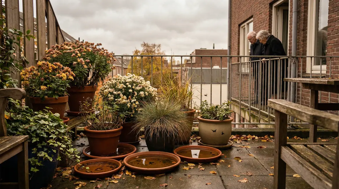 Moustiques autour pots fleurs terrasse automne seniors