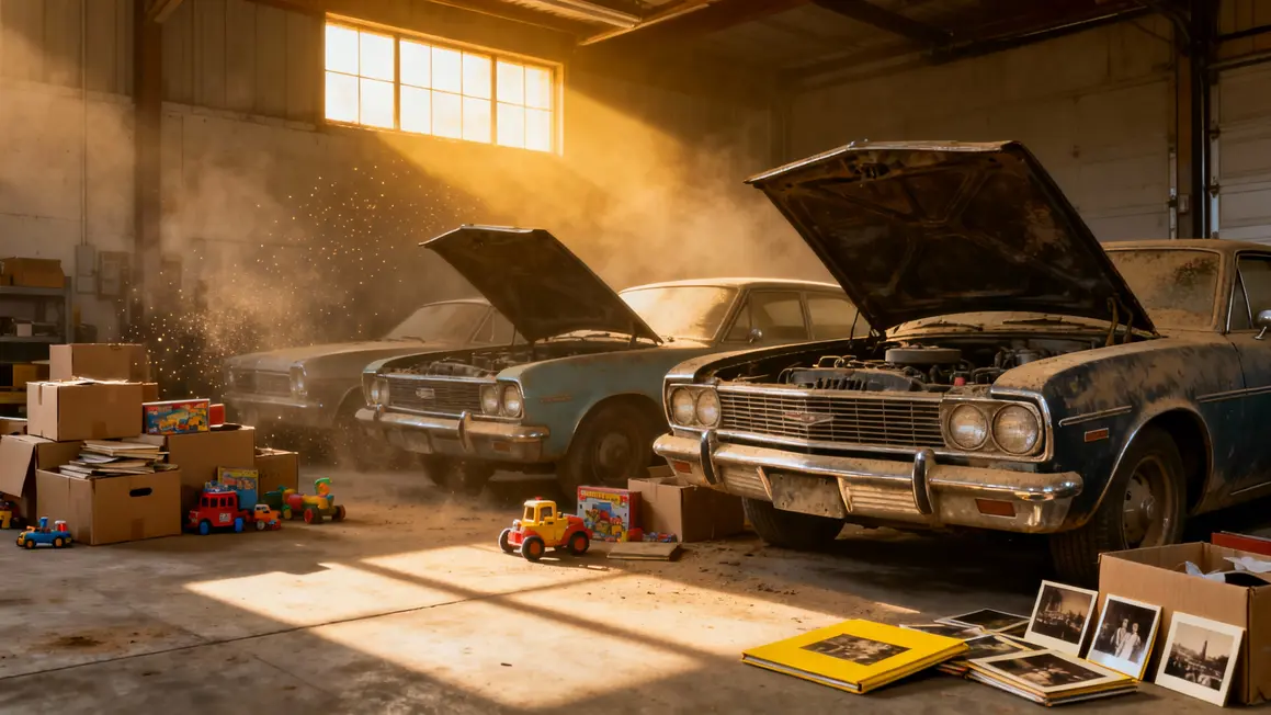 Garage musée improvisé avec voitures de collection et poussière