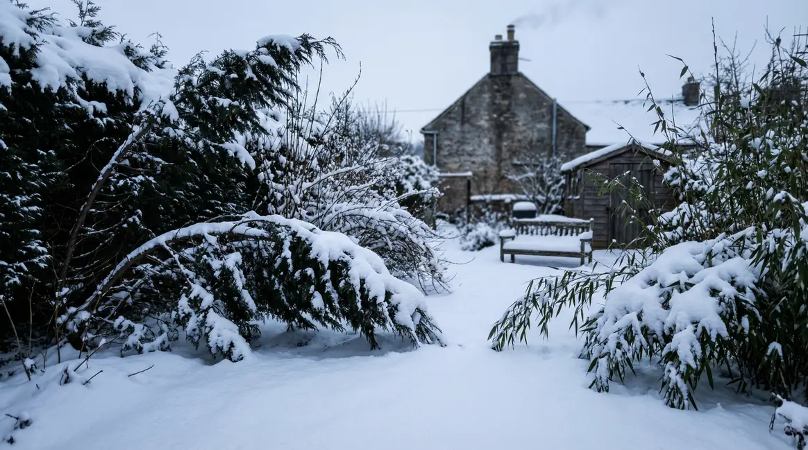 Jardin en hiver avec haies couvertes de neige