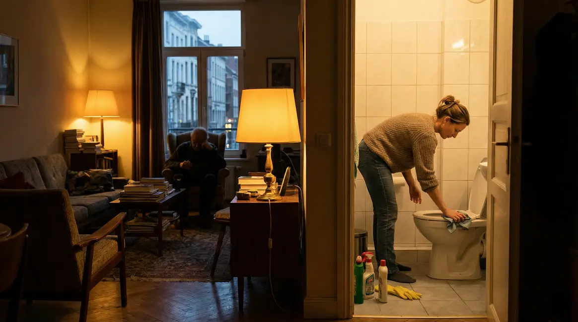 Femme nettoie toilettes avec attention familiale