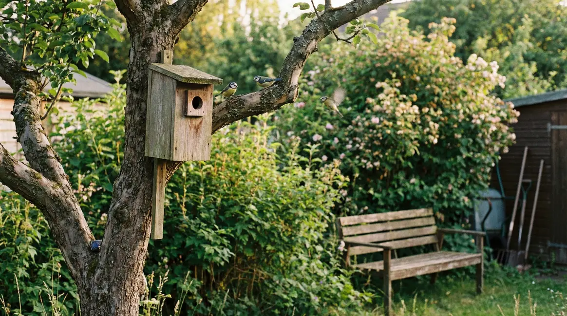 nichoir bois dans jardin avec mésanges buissons