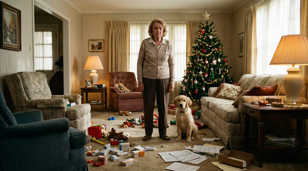 Femme avec chiot golden retriever et papiers Noël