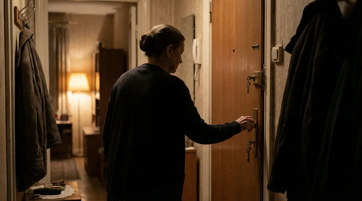 Odile devant porte ferme appartement nuit cle dans serrure