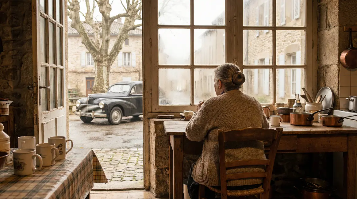 Femme âgée regarde Peugeot 203 ancienne matin brumeux
