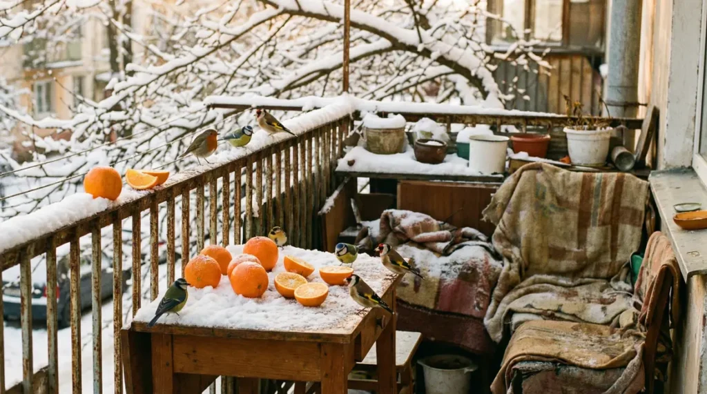 oranges et oiseaux sur balcon enneige