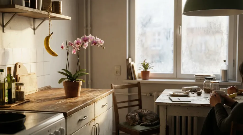 Orchidee avec banane suspendue en cuisine lumineuse