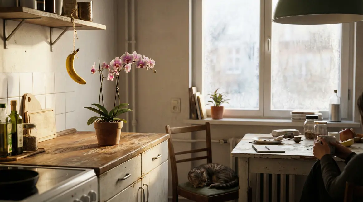 Orchidee avec banane suspendue en cuisine lumineuse