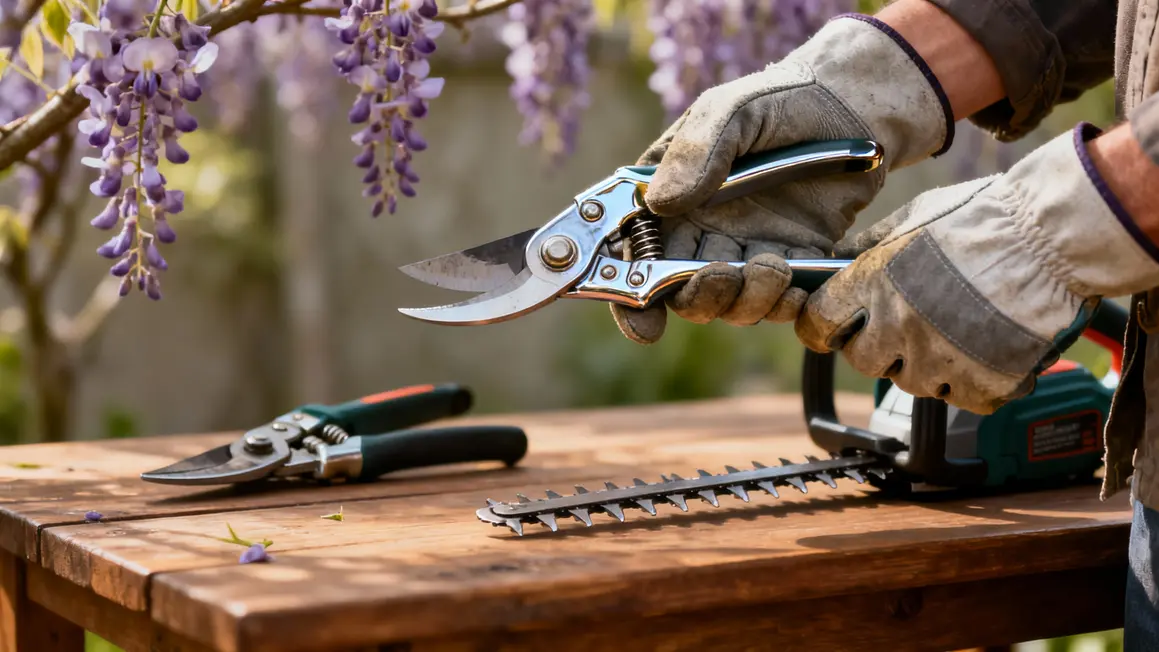 Mains gantées secateur outils taille glycine