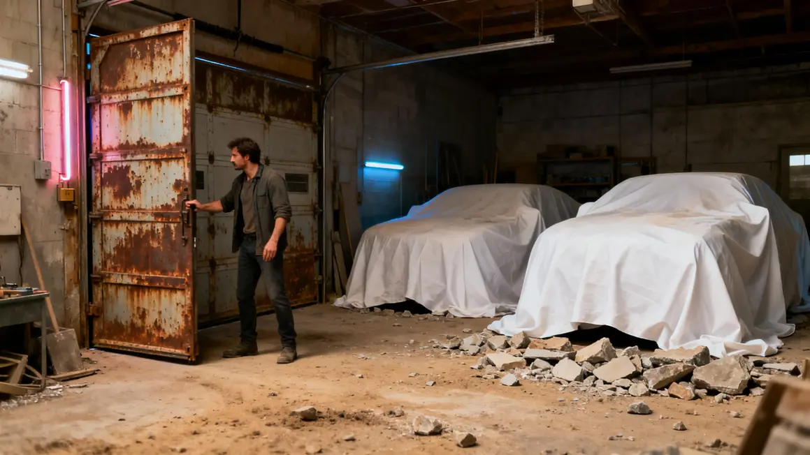 Main ouvrant porte garage rouillé, voitures anciennes sous draps