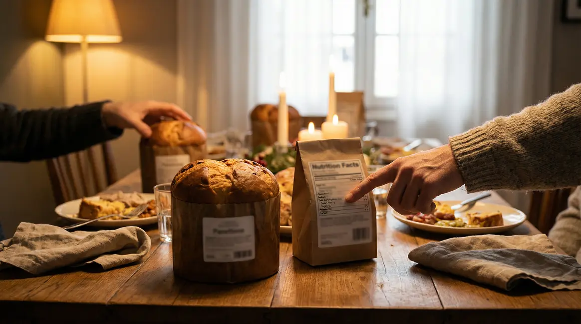 Panettone sous lumiere, etiquettes nutritionnelles visibles