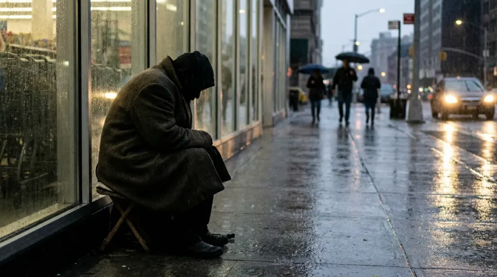 Femme manteau usé devant supermarché Angoulême