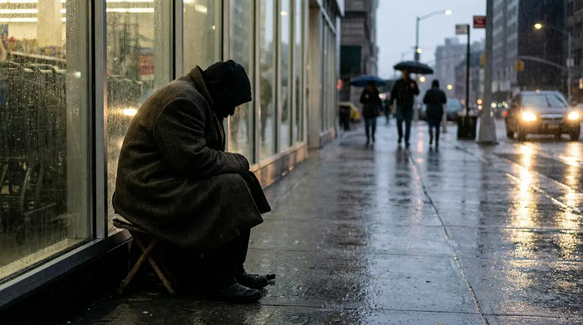 Femme manteau usé devant supermarché Angoulême