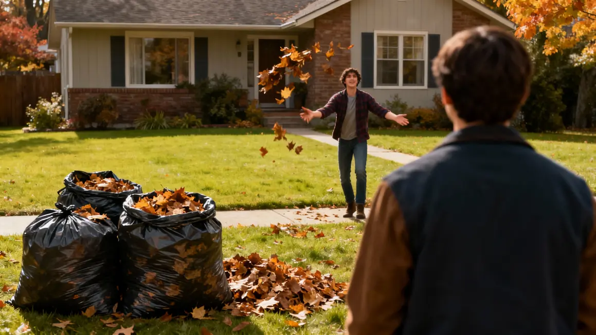 Tas de feuilles mortes dans sacs sur pelouse devant maison
