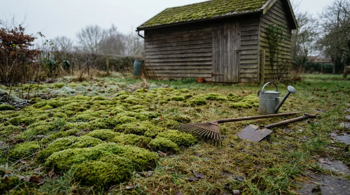 Pelouse partiellement recouverte de mousse verte avec outils de jardin, hiver