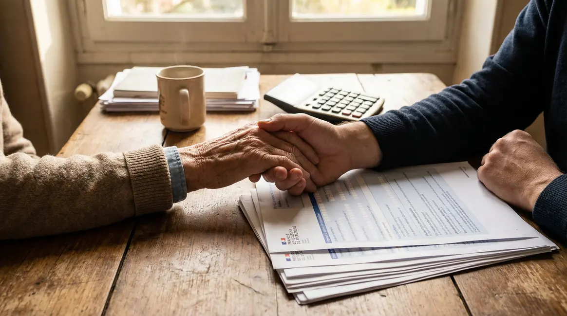 Main âgée et main adulte soutien retraite France