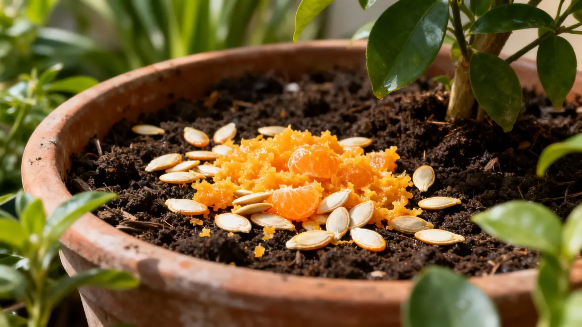 Pepins de mandarine broyes repandus dans grand pot plantes