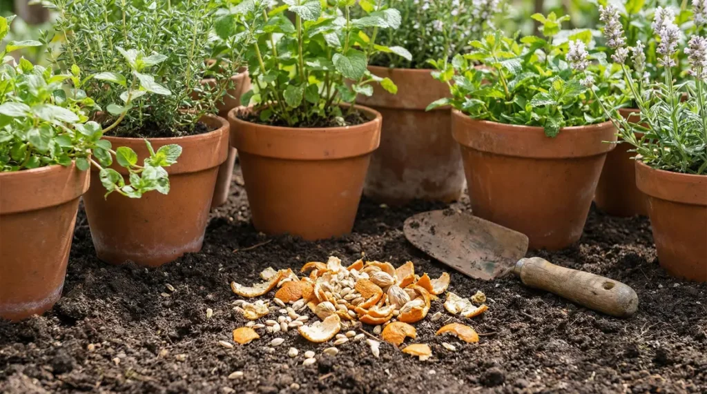 Pepins de mandarine utilises comme engrais naturel sur terre de plantes