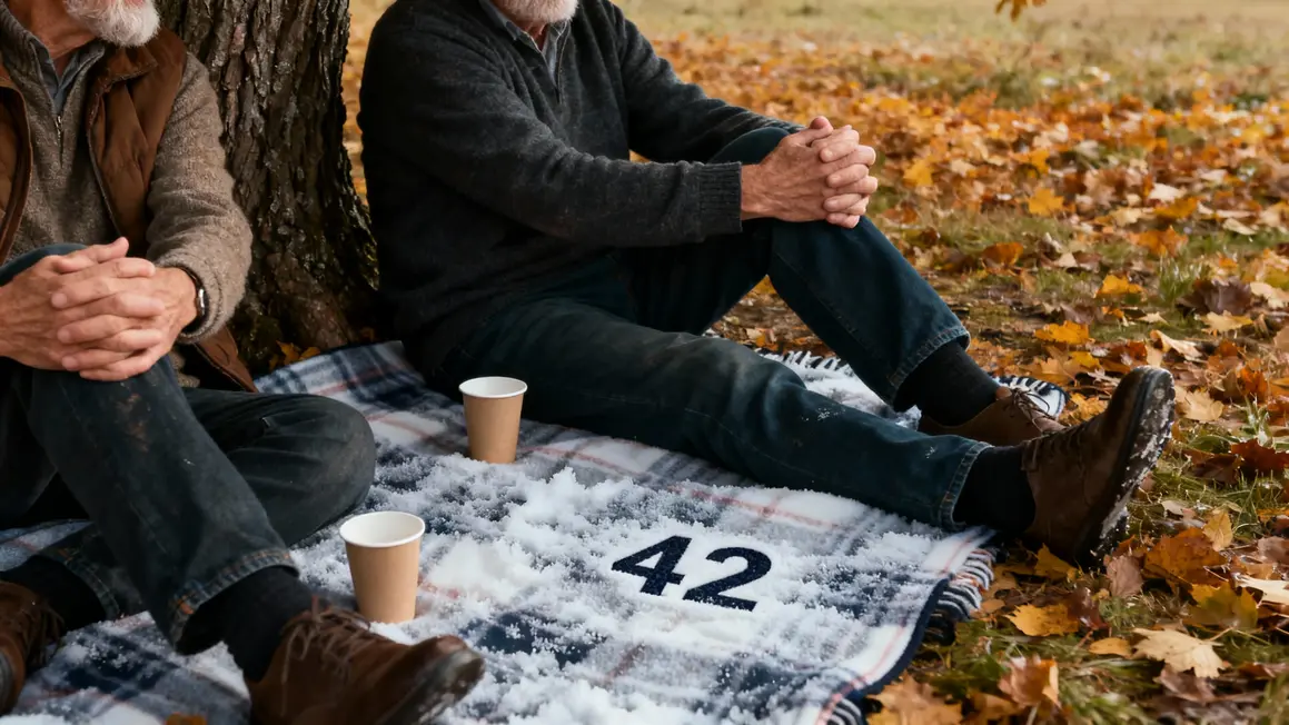Seniors mains jointes pique-nique sous arbre chiffre 42 automne