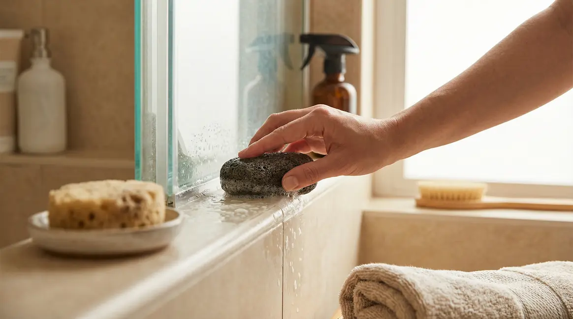 main utilise pierre ponce humide pour retirer tartre douche