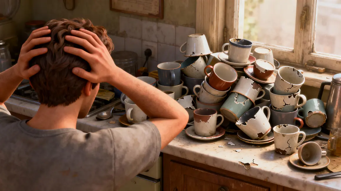 Placard européen tasses empilées désordre visible