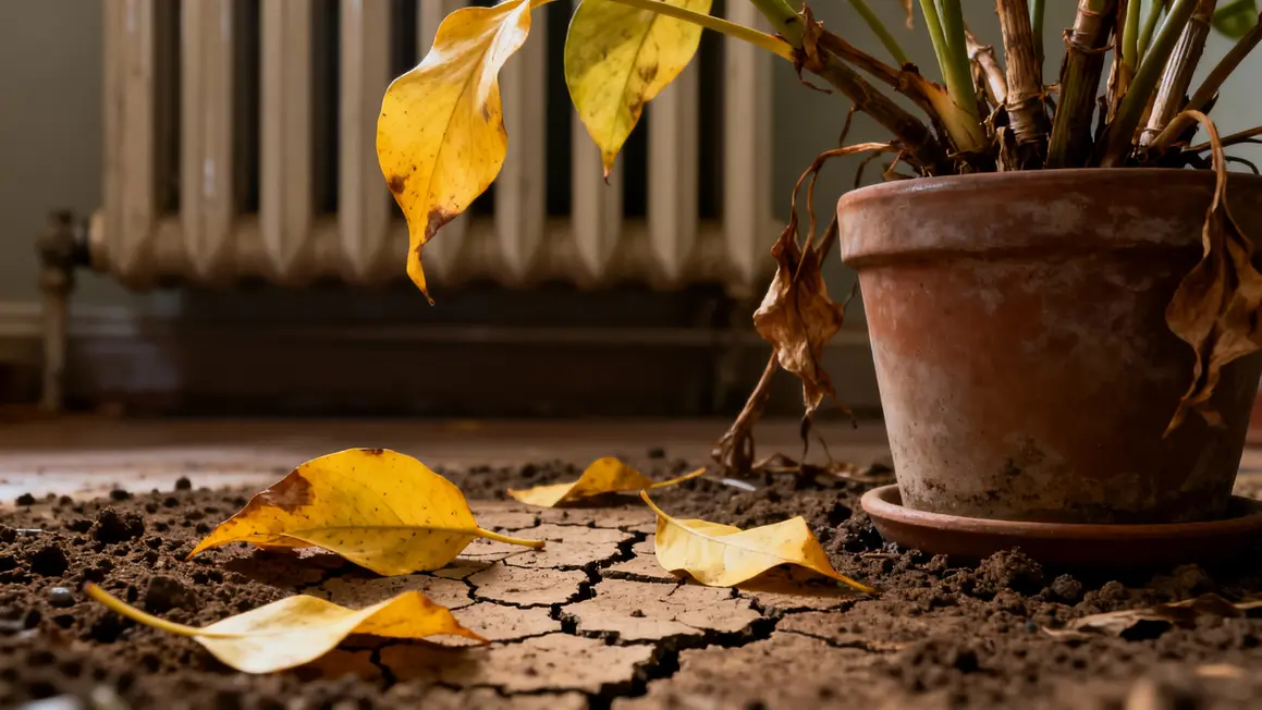 Détail plante interieur feuilles jaunes terre sèche