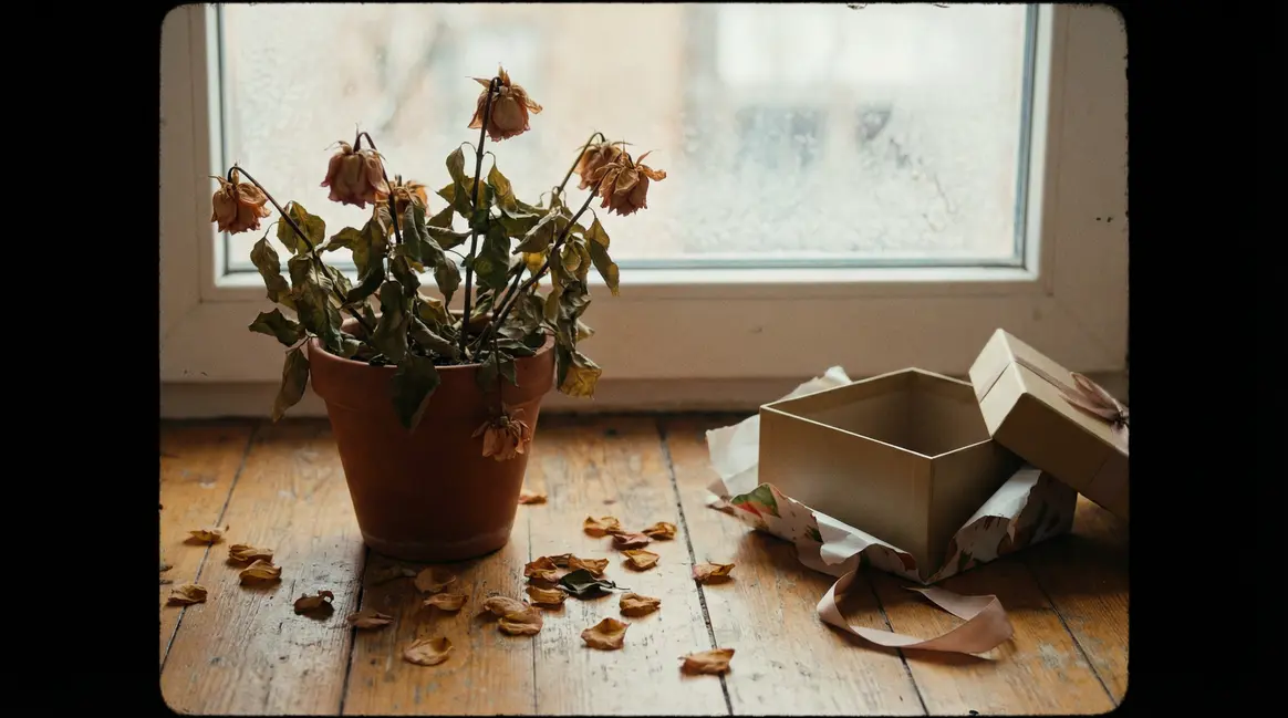Plante d'intérieur flétrie et pétales au sol cadeau raté