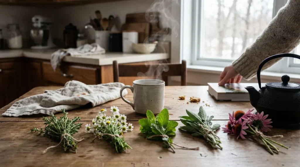 infusion fumante avec plantes thym camomille menthe sauge echinacee sur table hiver