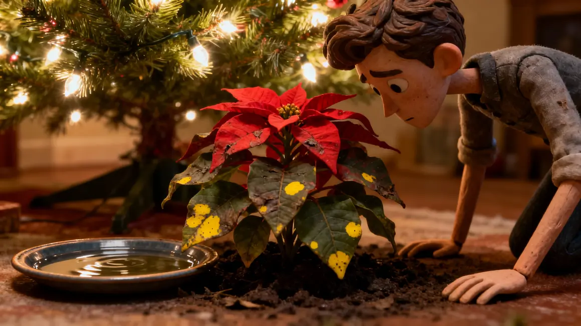 Poinsettia feuilles ternes sapin Noël, soucoupe pleine d'eau