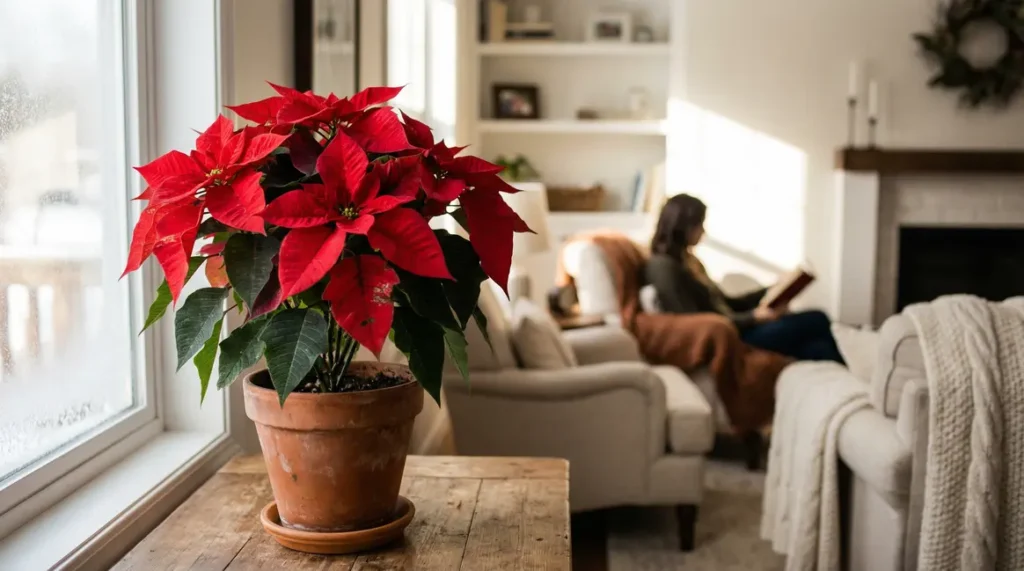 Poinsettia vif en pot sur table bois salon hiver
