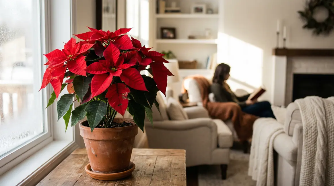 Poinsettia vif en pot sur table bois salon hiver