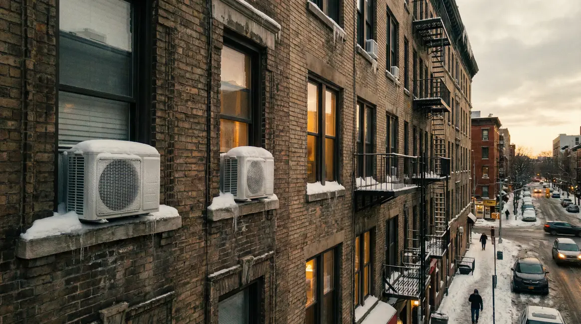 Pompe à chaleur de fenêtre visible sur immeuble urbain sous la neige