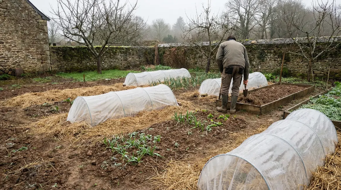 Potager breton en hiver avec jeunes pousses et serres