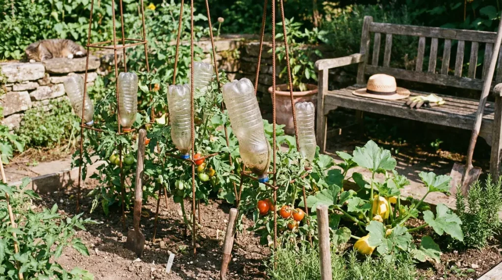 Potager avec bouteilles plastique tuteurs anti rats