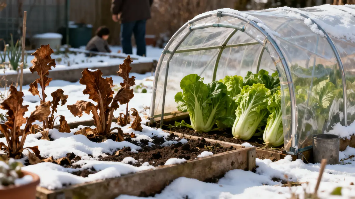 potager familial hiver légumes asiatiques verts sous tunnel