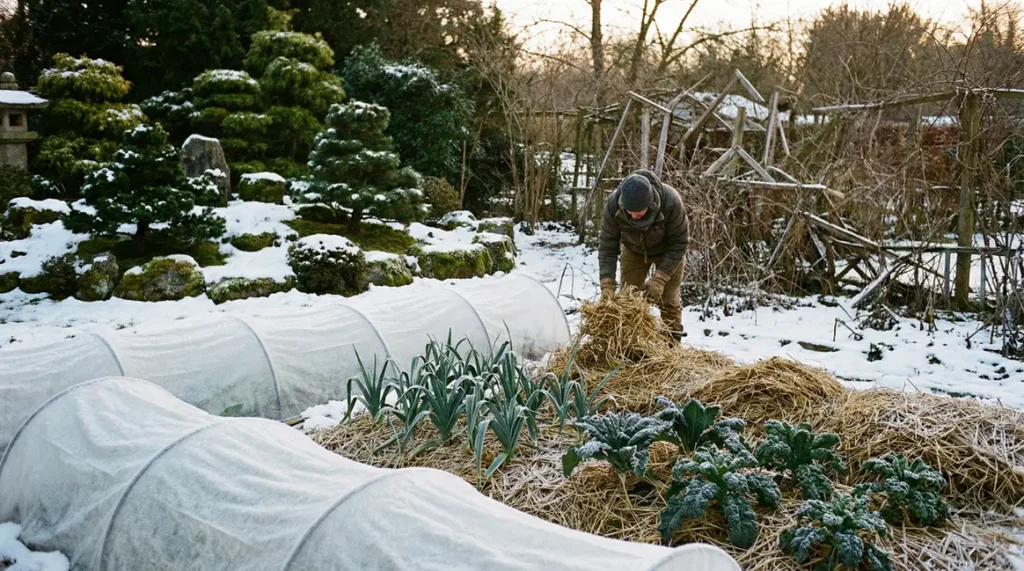 potager hiver sous neige tunnel bas et paille légumes résistants