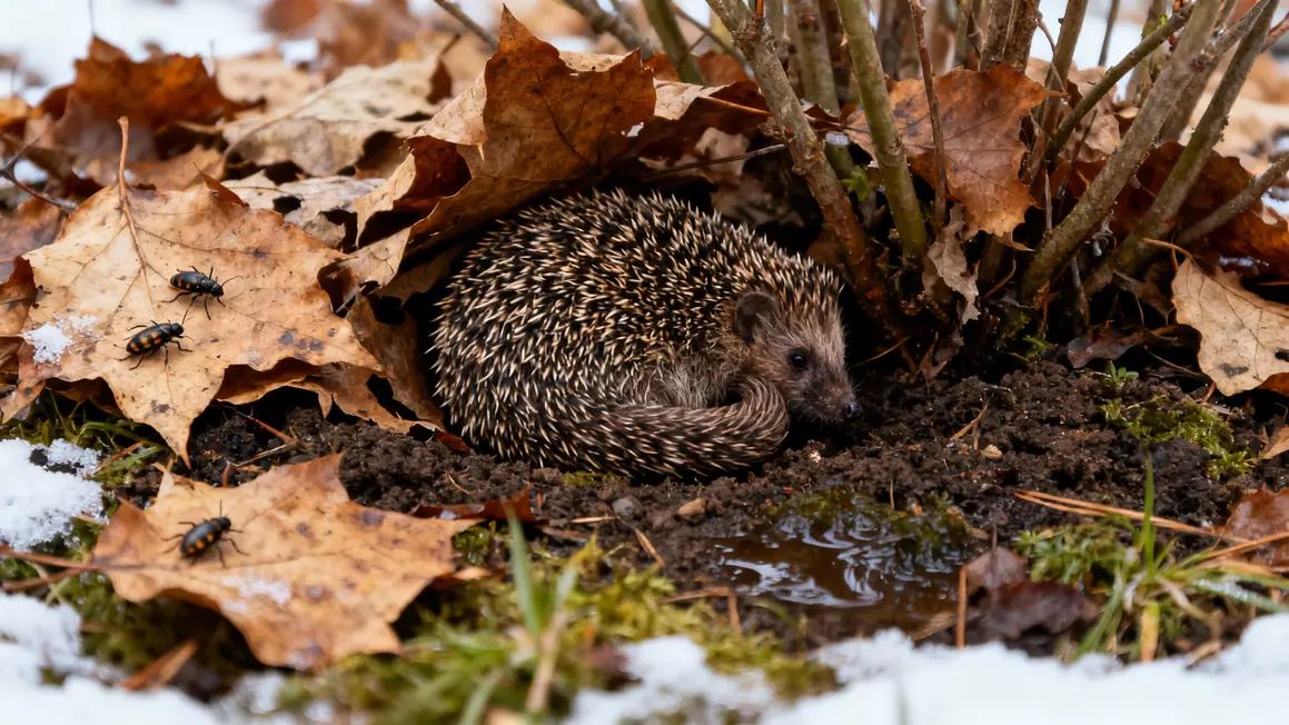 Feuilles mortes sous arbustes avec hérisson et insectes