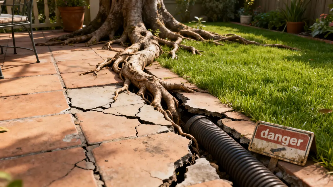 Racines terrasse canalisation fendue panneau danger