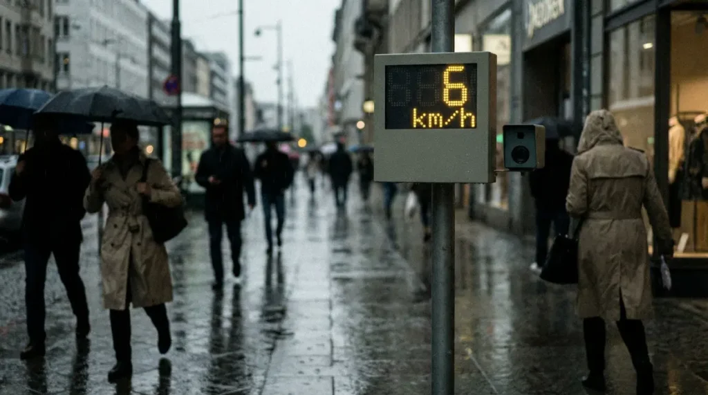 Radar piéton discret et passants sous la pluie à Lyon