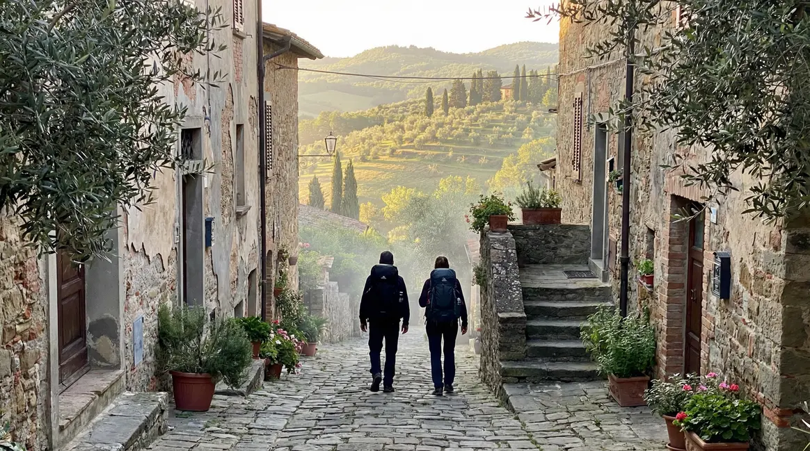 Deux seniors randonneurs dos matin ruelle Valence retraite Espagne