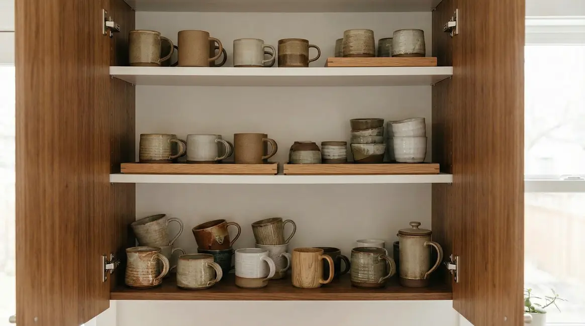 Placard avec tasses rangées méthode japonaise visible