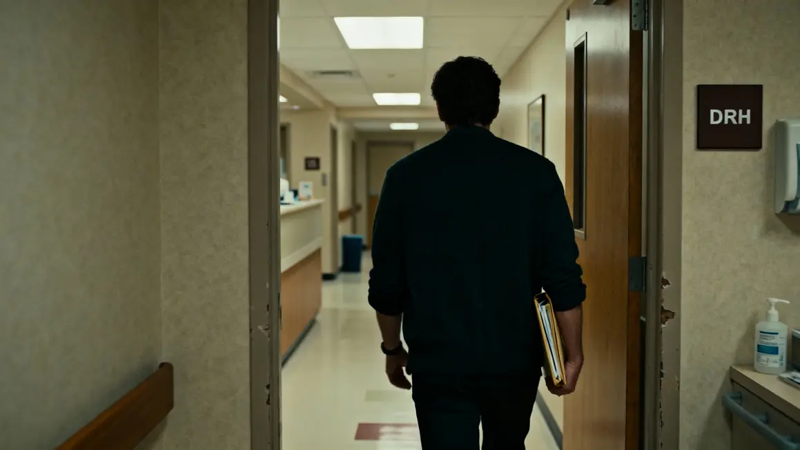 personnage hopital couloir dossier DRH atmosphere froide