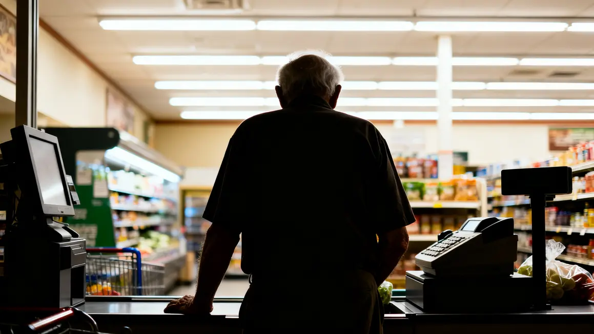 Retraité fatigué debout caisse supermarché Ed Bambas