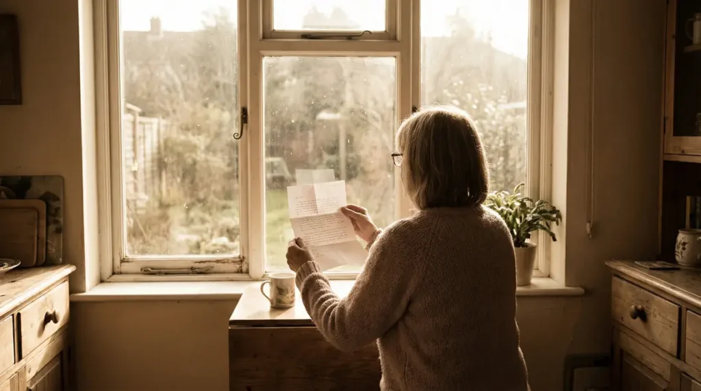 femme 60 ans devant fenêtre lettre retraite