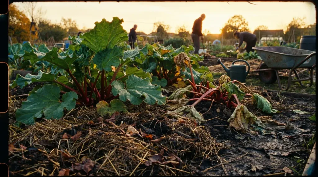 pieds rhubarbe vigoureux et flétris paillage organique