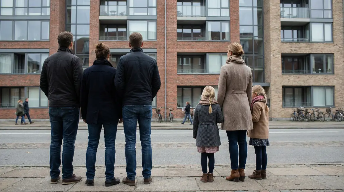 Famille et parent isolé devant immeuble moderne, contraste social