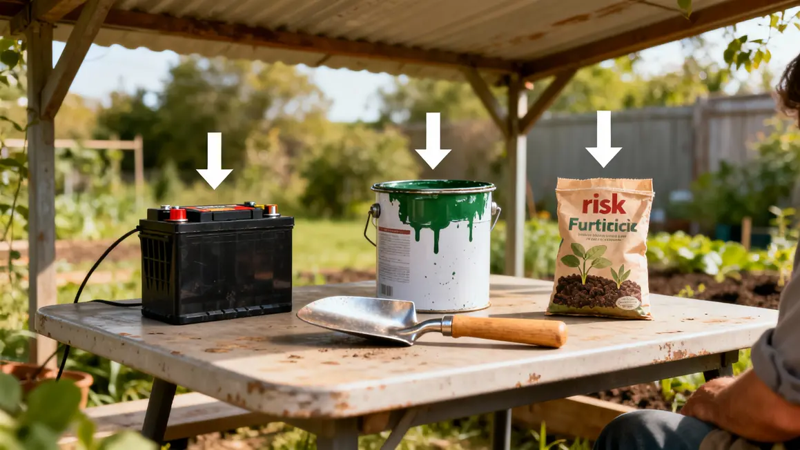 table objets menace abri jardin batterie peinture outils engrais graines