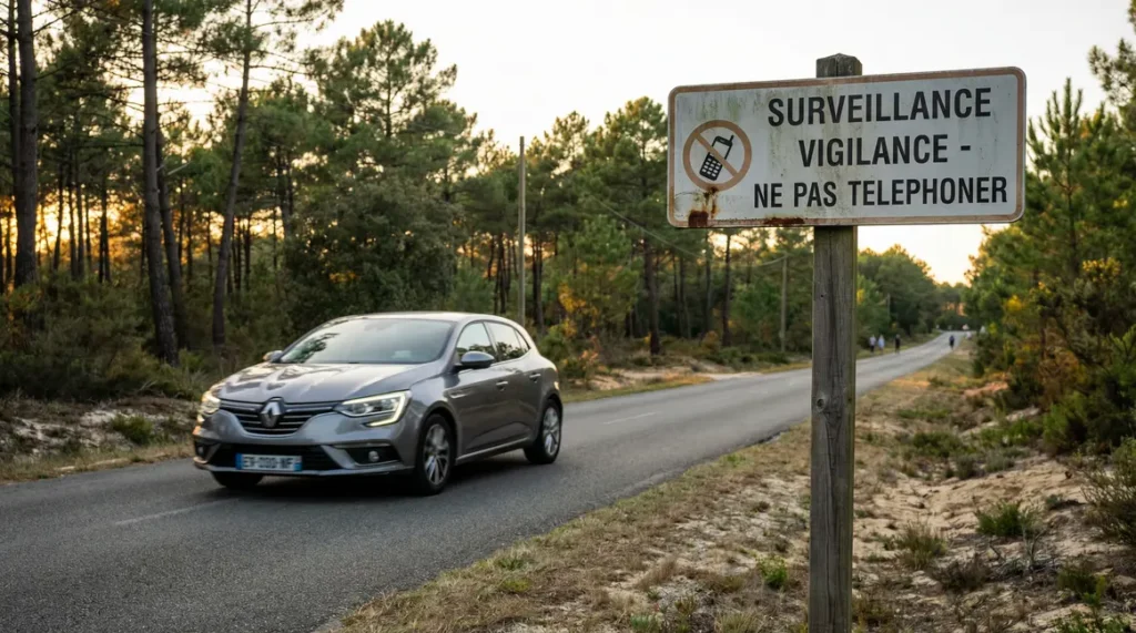 Route Landaises, voiture, panneau alerte telephone