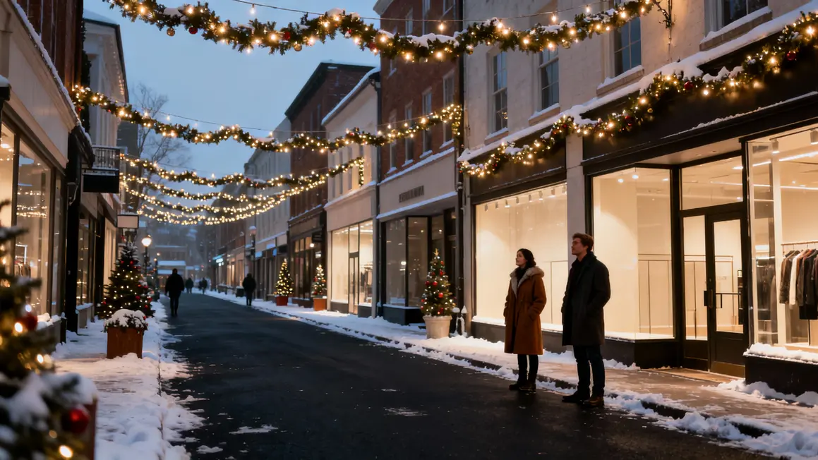 Rue commerçante sous la neige vitrines vides Noël