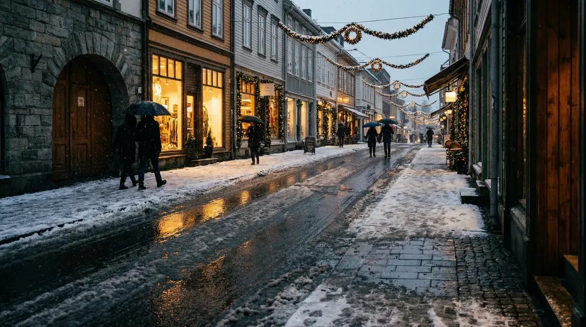 Rue piétonne enneigée devantures boutiques Noël